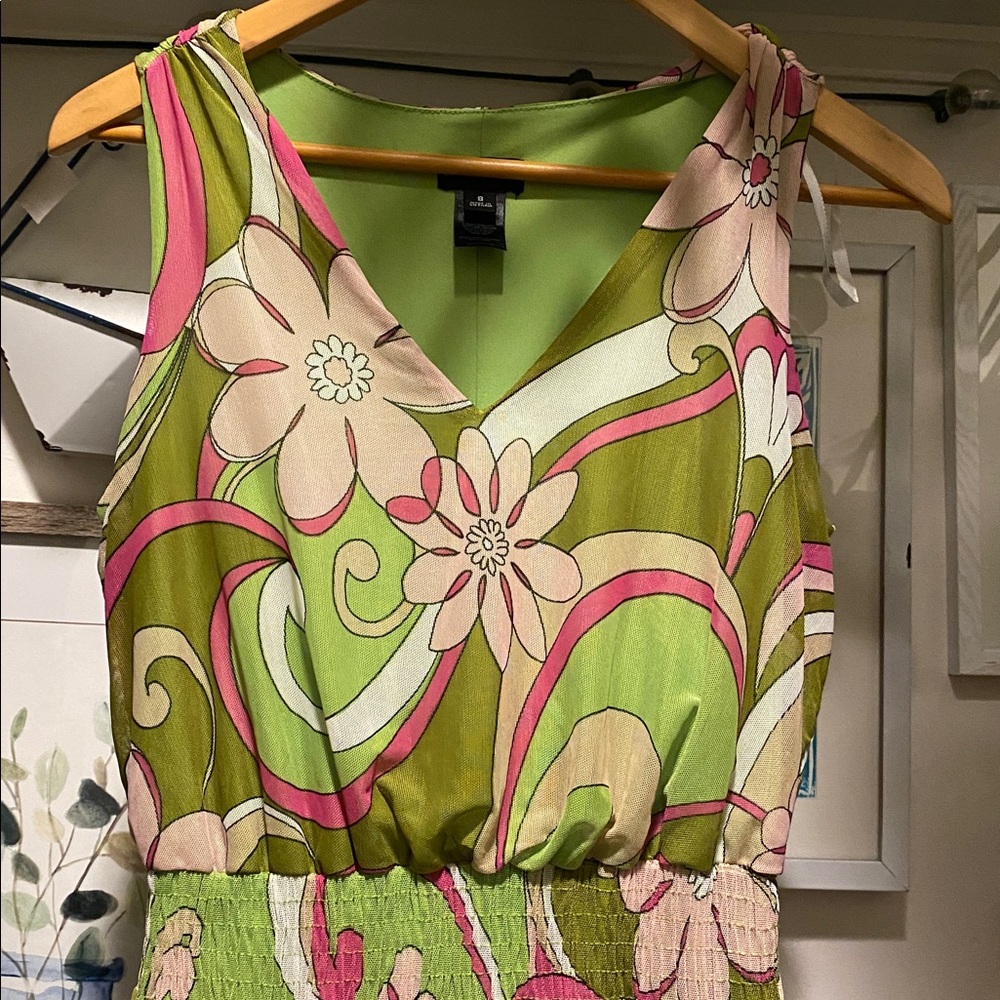 Kate & Lily floral mesh maxi dress retro-inspired green pink print smocked waist - Picture 2 of 3